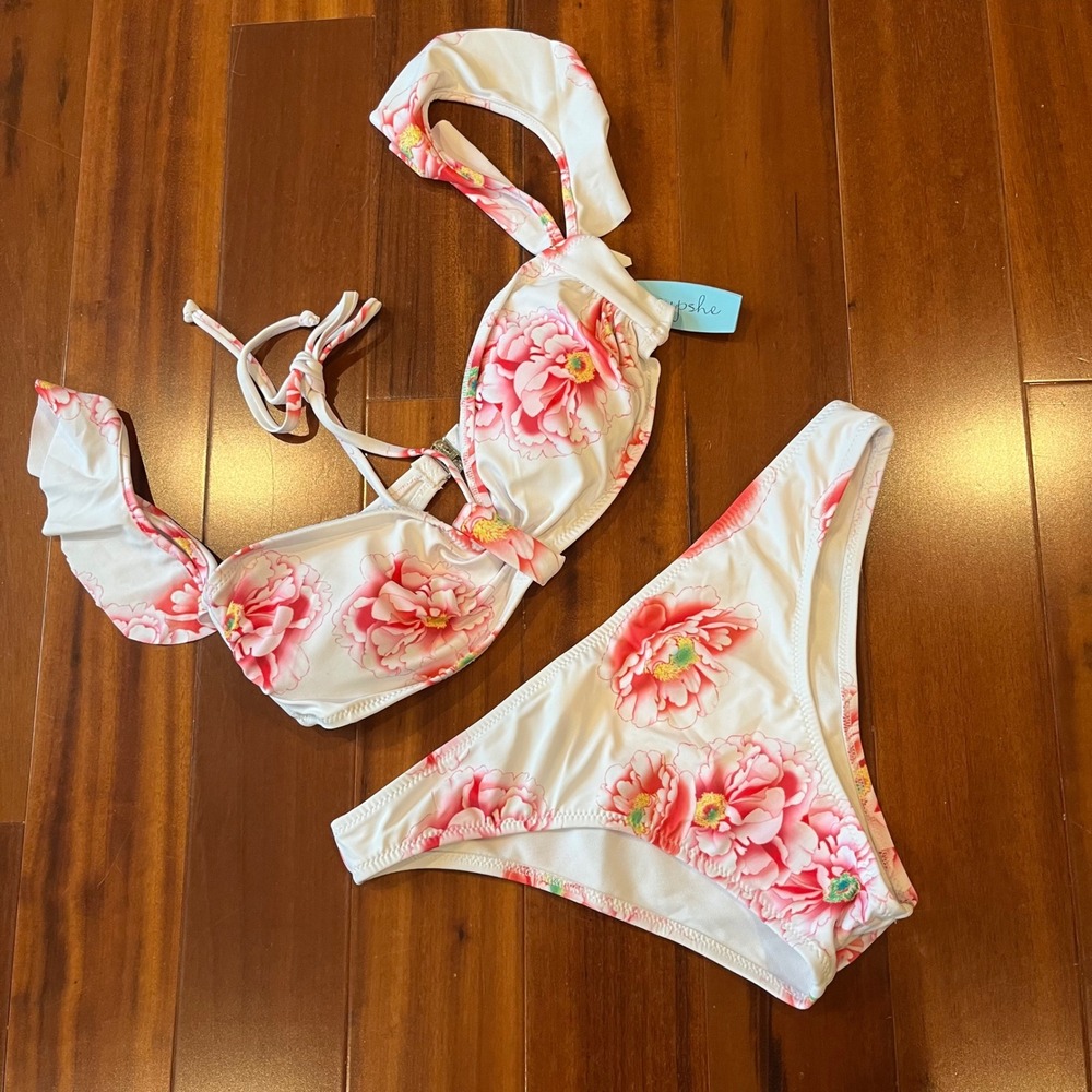 Cupshe Pink Bikini Set Ruffle Strap Floral Print White Cheeky Gal‎ New Medium